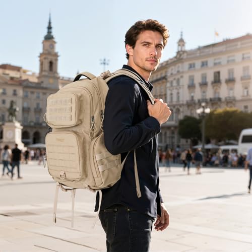 Timeet Tactical Backpack for Men, 21 Inch Khaki 40L Large Capacity, Laser Cut Molle Three Sided Opening, Water Resistant 17 inch Laptop Military Hiking 3 Day Assault Pack - color: Khaki