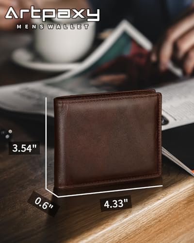 Artpaxy Mens Wallet Genuine Leather Bifold RFID Blocking Wallet for Men with 1 ID Window 13 Card Holders 2 cash pockets 1 Gift Box - color: Dark Brown