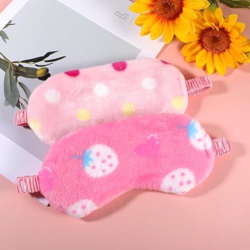 2PCS Plush Sleeping Eye Mask Soft Plush Eye Mask Fuffy Eye Cover Comfortable Sleep Mask Blindfold Rainbow Faux Fur Eye Shade for Women, Men and Kids Travel Nap Sleeping - color: Strawberry