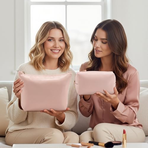 Kigeli 2 Pcs PU Leather Makeup Bag Set for Women Waterproof Aesthetic Cosmetic Bag Large & Small Travel Toiletry Organizer Pouch Skincare Organizer Bridesmaid Mother's Day Birthday Gift(Pink) - color: Pink