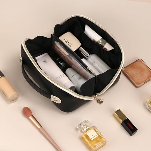 Prite Makeup Bag for Women Travel Waterproof Vegan Leather Cosmetic Bag Open Flat Toiletry Bag With Clear Divider and Handle (Black, Medium) - color: Black, size: Medium