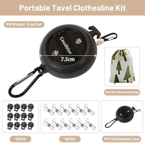 Portable Travel Clothesline Cord, Caudblor Adjustable 33ft Camping Clothes line, Laundry Drying Rope for Hotel Trip, Cruise, Outdoor/Indoor, with 12Pcs Stoppers, Windproof Clothespins - style: Black