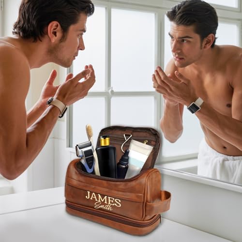 Personalized Toiletry Bag for Men, Custom Toiletry Bag Gifts for Men, Him, Birthday, Anniversary, Groomsmen, Dad, Husband, Boyfriend, Graduation, Leather Engraved Travel Cosmetic Shaving Hygiene Bag - color: Brown-1