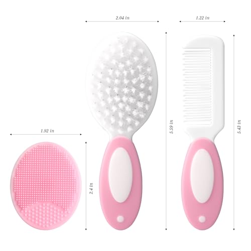 Baby Grooming Set,Baby Health Care Set Baby Brush Soft Bristles 3 Piece Baby Care Set Baby Hair Brush and Comb Set Baby Hair Brush Baby Comb Silicone Baby Cradle Cap Brush Set - color: 3pcs Pink