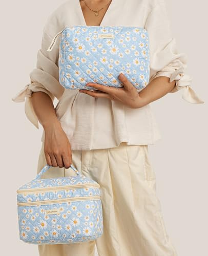 HBselect 2Pcs Travel Makeup Bag, Large Cotton Quilted Makeup Bag Cosmetic Bag Cute Make up Bag Toiletry Bags for Women Girls - color: 2PCS-DAISY