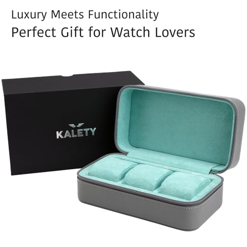 Watch Travel Case for Men | Leather Watch Case with 3 Slots | Perfect Travel Watch Organizer | Portable Watch Carrying Case - color: Grey / Turquoise