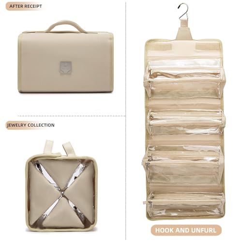 ROYALFAIR Roll Up Makeup Bag, Travel Toiletry Bag for Women with 4 Clear TSA Approved Pouches, Hanging Travel Organizer, Folding Cosmetic Bag for Men and Women - color: khaki