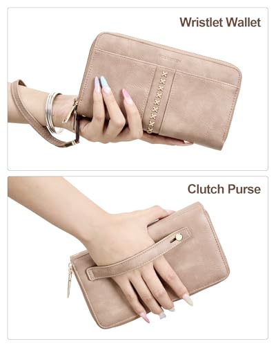 BOSTANTEN Wallets for Women Leather RFID Double Zipper Around Credit Card Holder Large Capacity Wristlet Clutch Wallet - color: Skin Tone