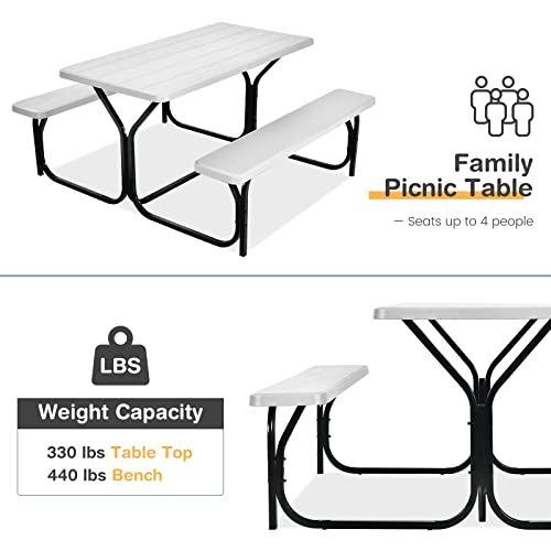 COSTWAY Outdoor Picnic Table, HDPE Plastic Picnic Table Bench Set with Weather Resistant Tabletop & Wood Texture, Ideal for Patio, Backyard (59" D x 54" W x 28.5" H,White) - color: White