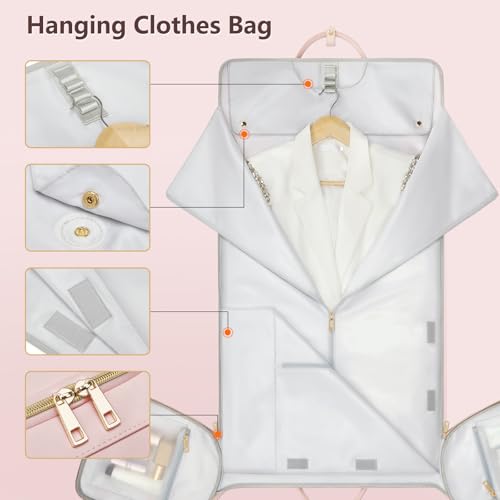 Garment Bags for Travel, Convertible Suit Travel Bag for Women, Fashion & Cute Carry On Garment Bag w/Shoes Pouch, 2 in 1 Foldable PU Leather Hanging Duffle Bag, Single-Zipper Design, Pink - color: Light Pink