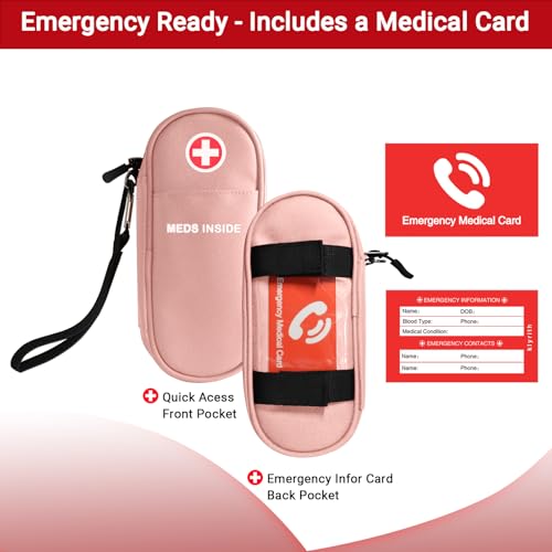 EpiPen Carry Case Insulated, Travel Medical Bag with YKK Zipper, Hold 2 Epi Pens or Auvi-Q, Anti-Histamine, Asthma Inhaler, Allergy Medicines, Emergency Medication Organizer Pouch, Pink - color: Pink