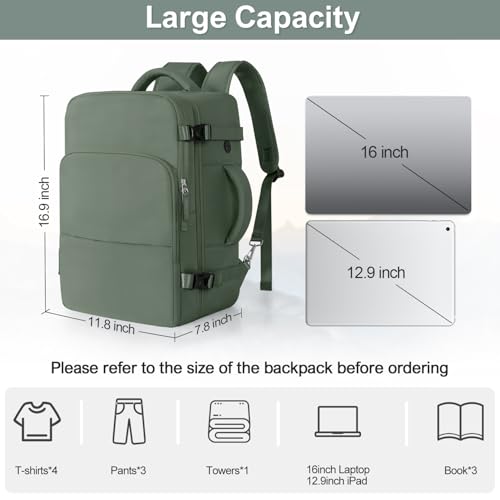 Sinaliy Personal Item Backpack, Carry on Travel Backpack with Multi-Pockets, Waterproof Casual College 16inch Laptop Backpack for Men Women, Army Green - color: Army Green, size: Large