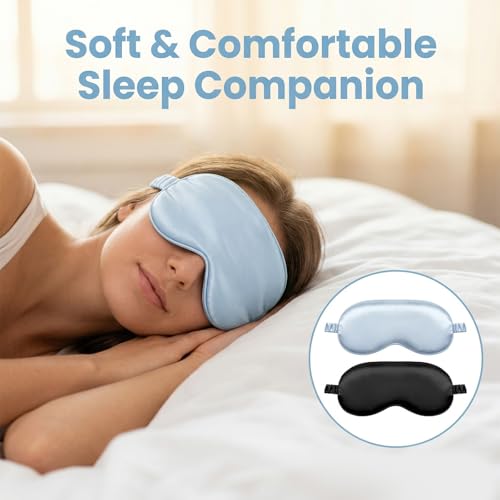 2Pcs Silk Sleeping Mask, Soft Breathable Blackout Eyeshade Comfortable Adjustable Satin Eye Shade for Women Sleep Travel Nap Bridesmaid Gifts (Blue, Black)