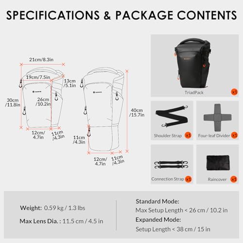 TARION Top Loader Camera Bag - Expandable for DSLR with Attached 70-200mm to 400mm Lens - Waterproof Holster with Shoulder Strap - TriadPack