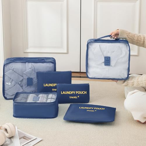 6 Set Packing Cubes for Travel Luggage Packing Bags Reusable Waterproof Suitcase Organizer Bags Set with Shoe Bag and Toiletry Bag (Navy Blue) - color: Navy Blue