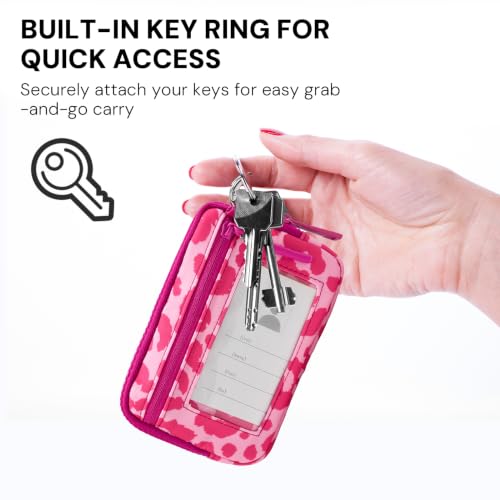 YDF Small Nylon Wristlet Wallet for Women, Minimalist Zip Keychain Coin Purse Card Case with Clear ID Window, Water-Resistant Pouch - color: Hot Pink Leopard