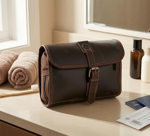 RUSTIC TOWN Leather Hanging Toiletry Bag for Men - Travel Shaving Dopp Kit - Bathroom Shower Toiletries Organizer - Leather Makeup Cosmetic Bag for Women - color: Walnut Brown