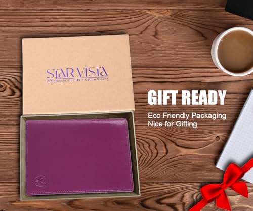 STAR VISTA Phoenix Leather Passport Holder, Calfskin Travel Wallet - RFID Blocking, ID Window, Zipper Pocket, Pen & Notebook Included, Violet - color: Violet Calfskin