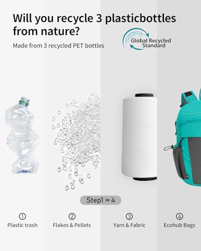 ECOHUB 15L Lightweight Casual Daypack, Packable Backpack for Daily Use, Hiking & Travel, Foldable Small Backpack with Stretch Mesh Pockets, Water-Resistant Nylon, Reflective Design - color: Pacific Teal