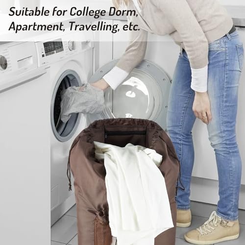 Seiritex Large Laundry Backpack Bag with Detergent Holder and Adjustable Shoulder Straps, Clothes Laundry Backpack for College, Travel, Apartment, Laundromat, Dorm Room (Brown) - color: Brown