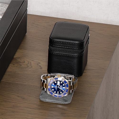 ROTHWELL Single Watch Travel Case | Compact PU Leather Protective Box with Microsuede Interior | Fits Watches & Smartwatches Up to 55mm (Black/Grey) - color: Black /Grey