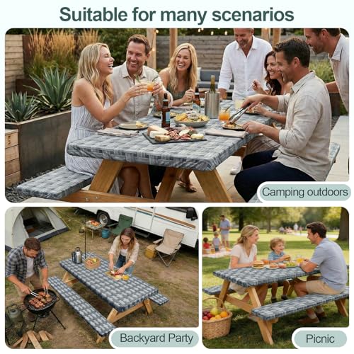 Picnic Table Cover with Bench Covers Camping Essentials Waterproof Windproof Camping Tablecloth with Drawstring Bag, Fitted Rectangle Tables and Seats, 72in, Dark Gray - color: Dark Gray, size: 72in
