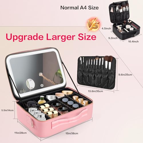 15''X11'' Large Capacity Makeup Bag with LED Mirror, Professional Makeup Case Organizer with 3 Color Light Adjustable Brightness, Travel Make up Cosmetic Case with Detachable Dividers & Shoulder Strap - color: Pink, style: Integrated