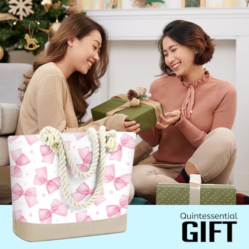Fokongna Tote Bag For Women, Beach Bag Best Friend Travel Birthday Gifts, Travel Parties Vacation Shopping Essentials - color: Gingham Pink Bows