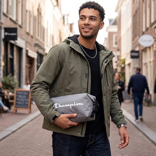 Champion - Hanging Toiletry Bag - Travel Sized Polyester Bag — Water-Resistant, Cosmetics Organizer Bag with Two Compliant Bottles - Lightweight Portable Zipped Bag for Unisex – Grey - 10"x3.9"x3.9" - style: Grey