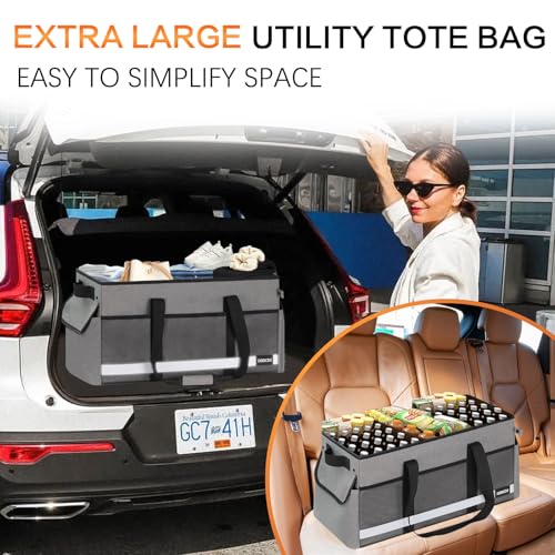 Upgrade Extra Large Utility Tote Bag with Reflective Strip, Standing Reusable Grocery Bags with Hard Bottom & 4 Sided Reinforced, Collapsible Utility Tote with Handles for Beach, Picnics, Car - color: Grey