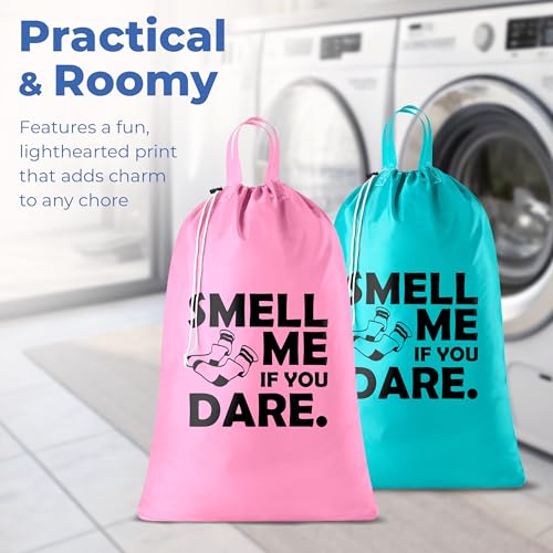 Extra Large Travel Laundry Bag - 2-Pack Fun Print Design Bags for Dirty Clothes - Durable Water-Resistant Fabric - Sturdy Drawstring Closure (Pink-Teal | Smell Me If You Dare) - color: Pink-teal | Smell Me
