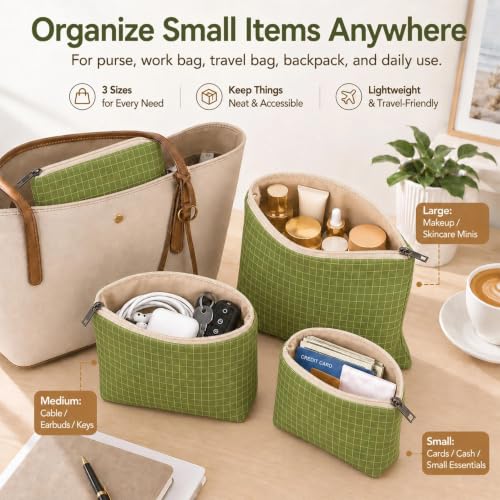 Small Zipper Pouches for Purse, 3 Pack Green Checkered Nylon Pouch Set, Purse Organizer Pouches for Makeup, Cards, Keys, Cables & Travel Essentials - color: GreenPlaid/Nylon