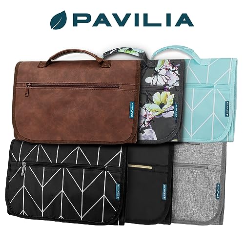 PAVILIA Hanging Toiletry Bag for Women Men, Large Foldable Toiletries Organizer with Hook, Water-Resistant Makeup Cosmetic Rollup Case, Clear Pockets for Bathroom, Gym, Cruise (Brown) - color: Brown