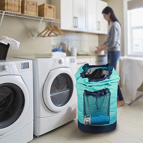 Dalykate Laundry Backpack with Shoulder Straps and Mesh Pocket Durable Nylon Clothes Hamper Bag with Drawstring Closure for College, Travel, Laundromat, Apartment - color: Blue