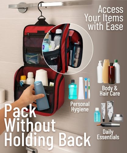 D&D Wanderlust D&D Hanging Travel Toiletry Bag for Men and Women – Cosmetics, Makeup and Toiletries Organizer Kit with 10 Compartments - color: Red