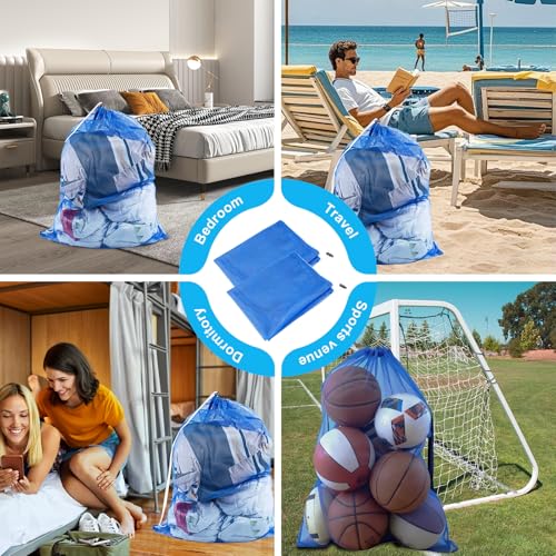 2 Pack Large Mesh Laundry Bags, 24" x 36" Heavy Duty Strong Drawstring Dirty Clothes Bags with Soft Breathable Net, Machine Washable Laundry Bag for College, Dorm, Camp, Travel and Family Use(Blue) - color: Blue