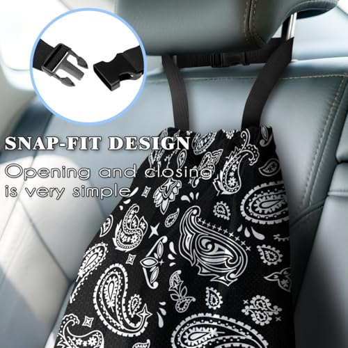 Car Trash Bag Hanging Back of Seat with Adjustable Snap Buckle Strap Cute Printed Drawstring Garbage Bags for Car-Paisley Floral Black - color: Paisley Floral Black Car Trash Bag
