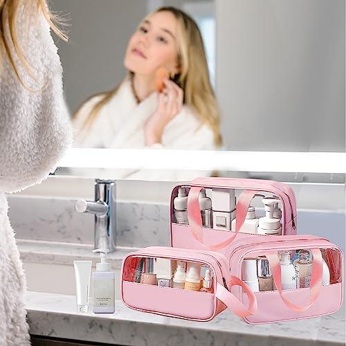 Clear Makeup Bag, 3 Pcs of Cosmetic Bags Set, Transparent PVC Travel Makeup Pouch, Waterproof Cute Toiletry Bag for Women (Pink) - color: Z-Pink-3pcs, style: 3pcs
