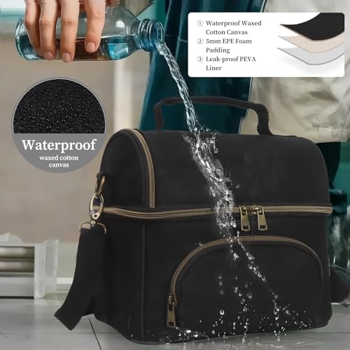 Waxed Canvas Lunch Bag with 2 XL Ice Packs, Canvas Lunch Box, Lunch Cooler for Men Work, 10.5L 2 Compartments Insulated Leakproof Cooler Bags for Camping, Beach and Road Trips - color: Iron Black