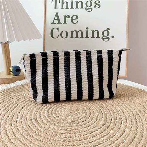HAPPYHEIDI Small Black White Stripe Makeup Brush Bag Zipper Pouch Women Girls Purse Organizer,Canvas Lined, Premium Zipper - color: Classic Black White Stripes Medium