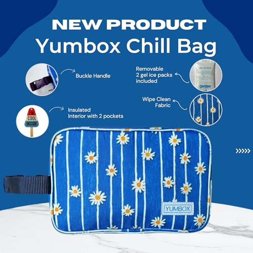 Yumbox Chill Snack Bags with 2 Removable Gel Ice Packs, Flexible Cooling, Insulated Lunch Bag, Wipe Clean fabric, Lined, Zipper Closure, Buckle Strap, Daisy Print - color: Daisies
