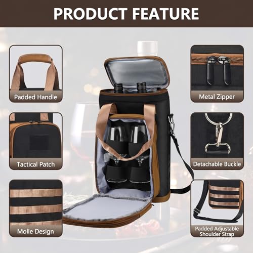 Rexmore Insulated Two Bottle Wine Tote Carrier, Tactical Cooler Bag with Secure Compartment & Adjustable Strap, Holds Glasses & Opener for Picnic, Beach, Travel & Parties - Gift for Wine Lovers