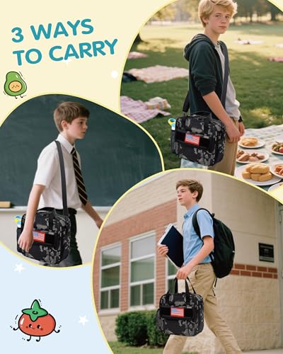 Tactical-style Lunch Bag 5L Kids Lunch Bag with Adjustable Shoulder Strap Easy to Clean Leakproof Wipeable liner Toddler Lunch Box Bag for Boys Girls School and Daycare - color: Black Camo