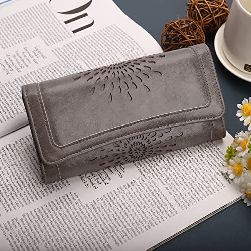 APHISON Womens Wallets RFID Blocking Leather Clutch Long Wallet for Women Card Holder Phone Organizer Ladies Travel Purse Hollow Out Sunflower Design Gift - color: dark-gray