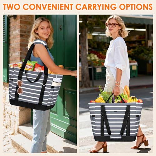 Cooler Bag Insulated, Soft Side Cooler, Reusable Grocery Bags with Zipper Closure, Thermal Leakproof Large Insulated Tote Bag for Hot/Cold Food for Grocery, Beach, Travel, Picnic - color: Gray and White
