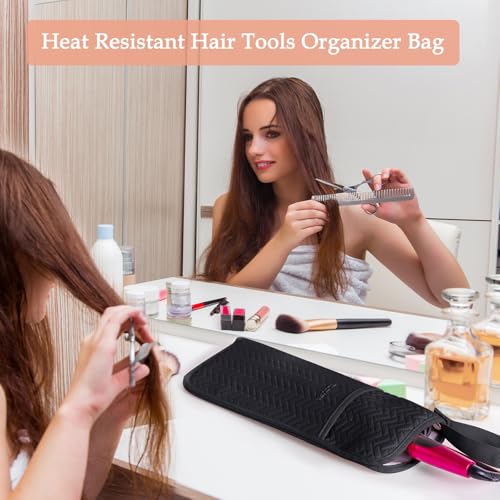Hair Tools Travel Bag, Heat Resistant Curling Iron Holder & Flat Iron Case, Hot Tools Organizer Pouch for Hair Straightener, Hair Dryer, Crimper & Styling Accessories, Travel Makeup Bag - color: Black