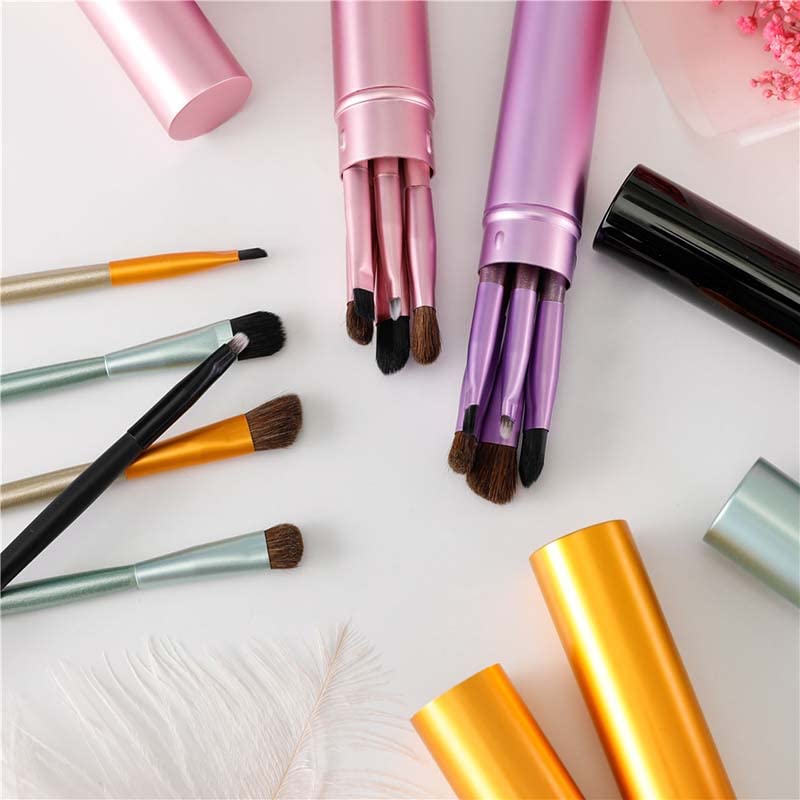 AKOAK 5 Pcs/set Travel Portable Mini Eye Makeup Brush Set Apply Eyeshadow Eyeliner Eyebrow Brush Lip Makeup Brush Set Makeup Tools (Pink) - color: Pink
