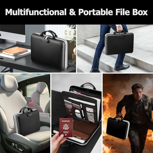 Dadanism 5200℉ Fireproof File Organizer with Combination Lock, Hard Shell Multi-pocket Expanding Document Box, Accordion File Organizer with Handle & Labels, Home Travel Safe Storage Bag