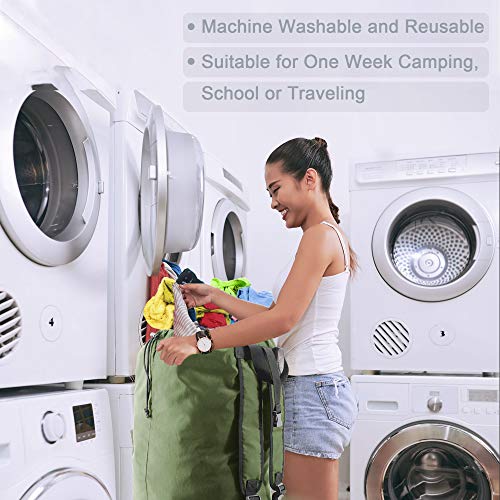 BeeGreen Moss Green Laundry Backpack Bag w Adjustable Shoulder Straps String Closure College Dorm Room Essentials Sturdy Laundry Hamper Portable w Handle XLarge Ripstop for Traveling - color: Moss Green, style: With Front Zipper Pocket