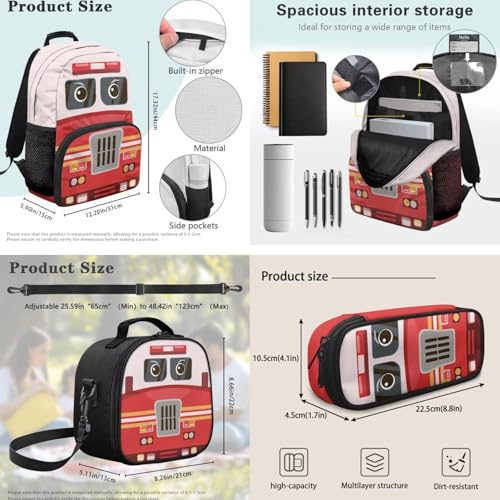 School Backpack for Boys,Fire Truck 3PCS School Backpacks for Primary Study, Lightweight Bookbag with Lunch Bag Bundle for Kids Teens Students - color: Fire Truck-1